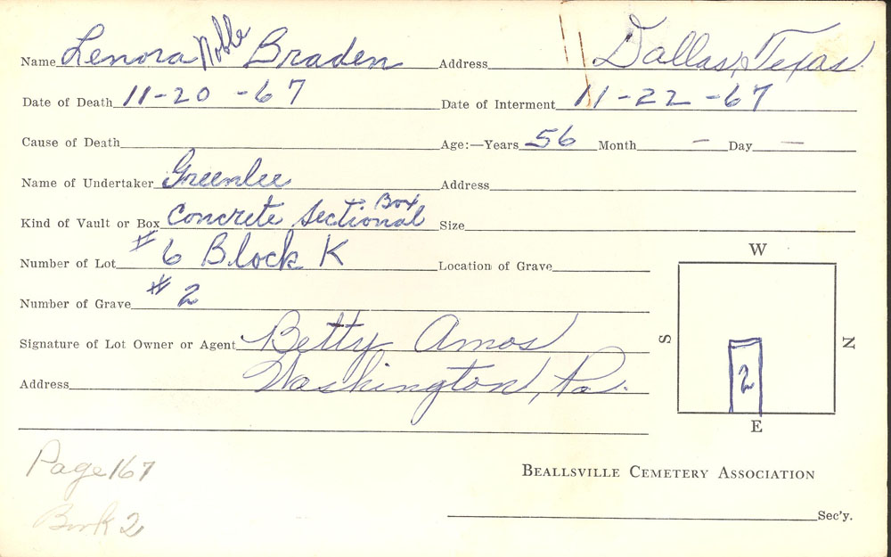Lenora Noble Braden burial card